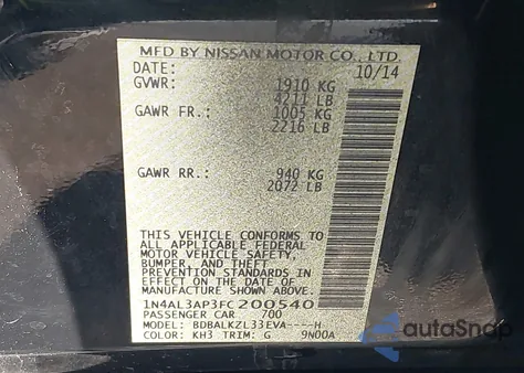 2015 Nissan Altima 2.5 Sv z USA, uszkodzony, nr VIN 1N4AL3AP3FC200540